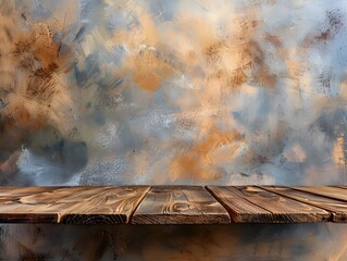 Wall Mural - Rustic Wooden Platform Against Bright Abstract Background for Handmade Product Presentation