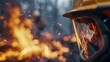 © svastix - A close-up of a firefighter wearing a helmet and face shield, intensely focused while fighting an intense forest fire, with flames and smoke swirling around in the background.