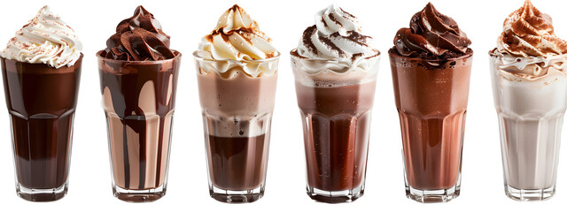 Set of different chocolate milkshakes with cream isolated on transparent background