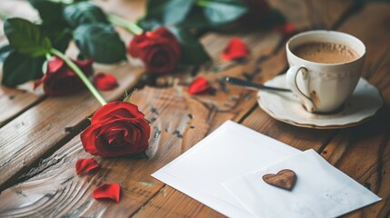 Sticker - Valentine s Day concept with coffee flower and paper on table