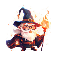 Cute wizard illustration with magical staff and lantern, perfect for fantasy-themed designs, games, and storytelling projects.