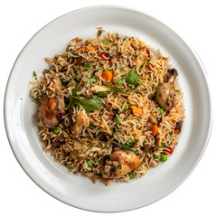 Wall Mural - Traditional bangladeshi biryani served on a white plate, isolated on a clear background