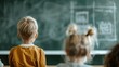 © svastix - A group of attentive children viewed from behind in a classroom setting, with focus on a chalkboard filled with educational content, symbolizing learning and youthful curiosity.