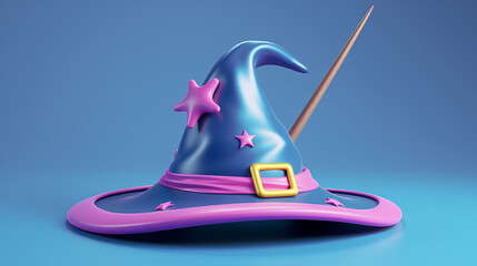 A 3D cartoon witch's hat with a magic wand