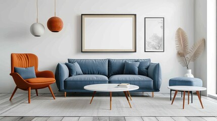 Canvas Print - A living room with a blue couch, an orange chair, and a white coffee table. The room is decorated with a painting on the wall and a potted plant. The overall mood of the room is cozy and inviting