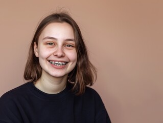 Wall Mural - Young girl wearing braces smiling on isolated colored background