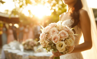 Bride holding a bouquet of roses at an outdoor wedding reception.