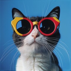 Wall Mural - Black and White Cat Wearing Colorful Sunglasses Posing Against Blue Background..