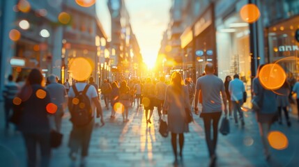 Wall Mural - A busy city street with people walking and a sunset in the background. Scene is lively and bustling