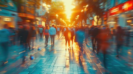 Wall Mural - A busy city street with people walking and a sunset in the background. Scene is lively and bustling