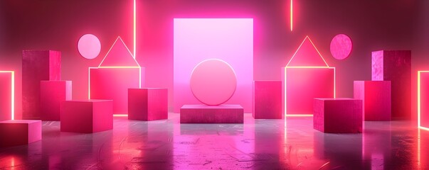 Poster - vibrant glowing neon shapes on pink backdrop for product display and concept