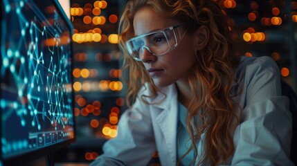 Wall Mural - A woman in a lab coat and safety glasses looks intently at a computer screen displaying a network graph.