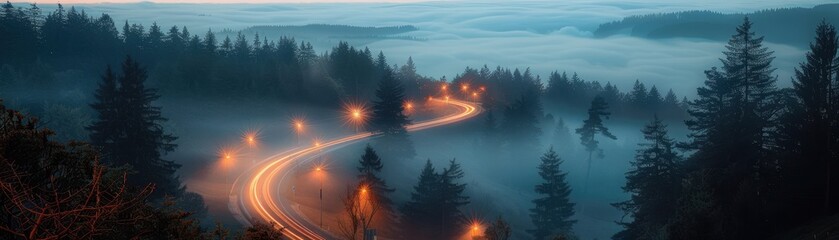 Canvas Print - A winding road with a foggy, misty atmosphere. The road is lit up with lights, creating a sense of mystery and adventure