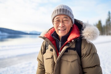 Sticker - Portrait of a grinning asian elderly man in his 90s sporting a quilted insulated jacket over backdrop of a frozen winter lake