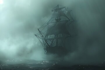 Poster - Ghost Ship Sailing Through Fog on a Mysterious Sea.