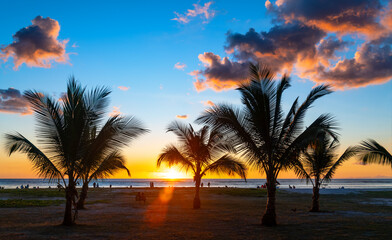 Wall Mural - Silhouettes of palm trees and people on the beach of Flic en Flac on the dream island of Mauritius (Indian Ocean). Idyllic scene with a colorful sky at sunset. Popular holiday  honeymoon destination