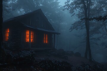 Poster - Cabin in the Woods at Night with Fog.