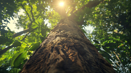 Wall Mural - Majestic tree viewed from below with sunlight streaming through green leaves.