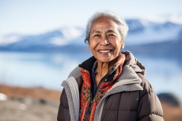 Wall Mural - Portrait of a smiling indian woman in her 70s dressed in a casual t-shirt in backdrop of an arctic landscape