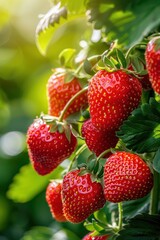 Wall Mural - A bunch of red strawberries hanging from a plant. The strawberries are ripe and ready to be picked