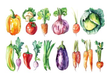 Canvas Print - Healthy Green Vegetable Mix. Watercolor Hand-Drawn Illustration of Fresh Organic Vegetables for a Balanced Diet