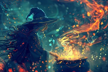 Canvas Print - Witch Brewing Potion in a Cauldron with Sparkling Magic