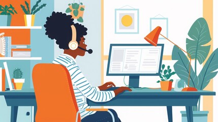 Aufkleber - A woman engages in remote work at her home office, wearing a headset and focused on her computer screen amidst a vibrant and organized workspace.