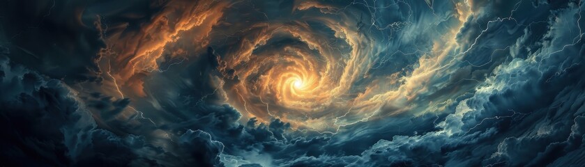 Wall Mural - A large, swirling cloud of stormy blue sky with lightning bolts. The sky is dark and ominous, and the clouds seem to be moving in a spiral pattern. Scene is one of foreboding and unease