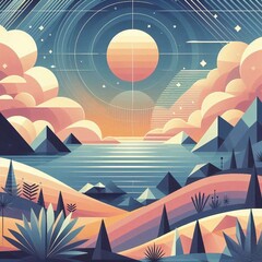 Wall Mural - Sea view geometric art style landscape. AI generated illustration