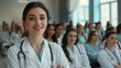 © Johannes - female woman doctor nurse portrait shot smiling cheerful confident standing front row in medical training class or seminar room background,ai generate