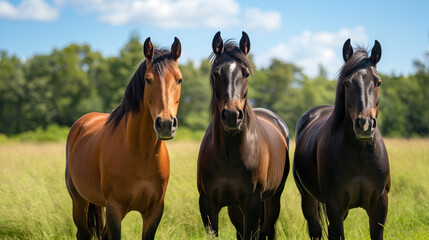 Naklejka na meble Three horses standing together in a grassy field.