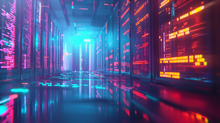 Wall Mural - Futuristic data center corridor with neon lights.