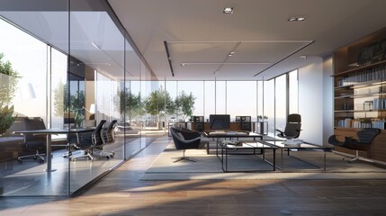 Modern office interior with glass walls and a view of the city.