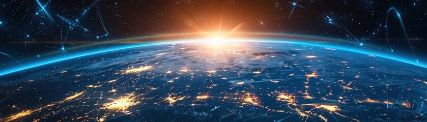 Wall Mural - a blue planet with a network of lines surrounding it. the planet is surrounded by a starry sky