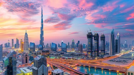 Canvas Print - Vibrant Dubai city center, featuring towering skyscrapers and a lively atmosphere