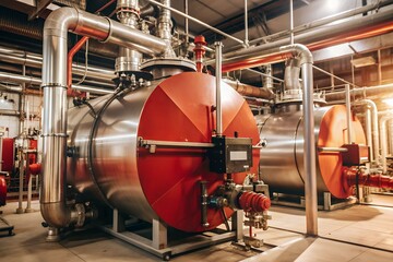 Industrial boiler room with large stainless steel boilers and red piping in a modern factory, technology concept