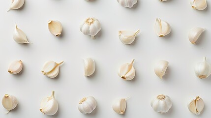 Garlic cloves arranged neatly on a white background, top view. Great for food recipes and cooking inspiration.