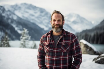 Canvas Print - Portrait of a grinning man in his 40s wearing a comfy flannel shirt on pristine snowy mountain