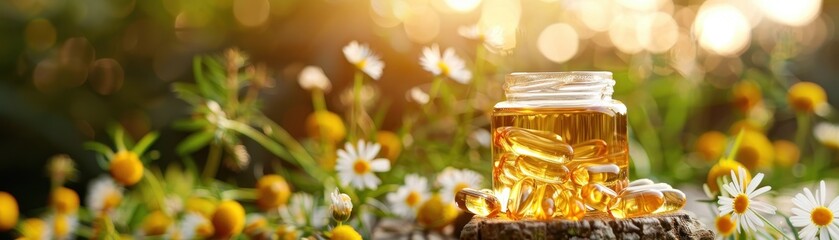 Wall Mural - A bunch of flowers with a few yellow pills on top. The pills are in the middle of the flowers and are surrounded by the petals