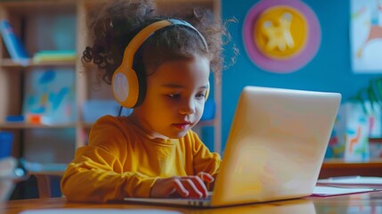 Aufkleber - A child wearing headphones interacts with a laptop, focused on learning in a colorful and inviting study space.