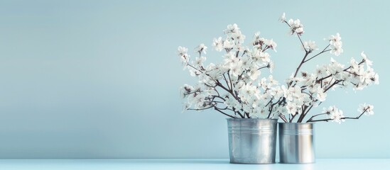 Aufkleber - White blossoms in a metal container on a pale blue backdrop with room for copy space image