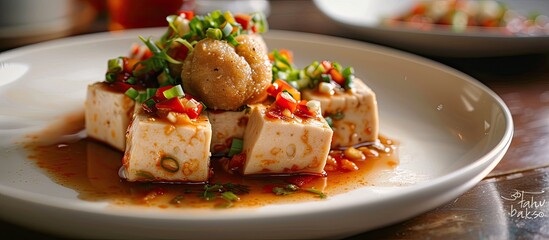 Poster - A white plate showcasing tahu bakso or tofu filled with meatball paired with chili or tomato sauce ideal for recipes catalogs or culinary content with copy space image