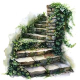 Old Stone Stairway Overgrown with Ivy in Watercolor Illustration