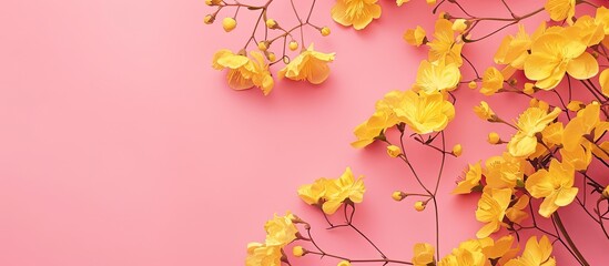 Aufkleber - Pink paper background adorned with bright yellow flowers perfect for a copy space image