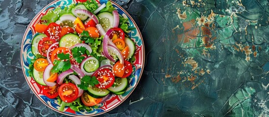 Wall Mural - Plate of vegetable salad with cheese pepper zucchini tomatoes onions lettuce and lavash bits topped with sesame seeds against an ornamental backdrop in a copy space image