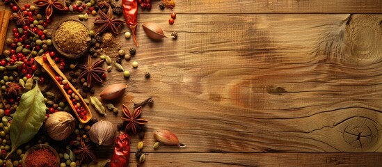 Poster - Indian spices arranged attractively on a wooden surface with copy space image
