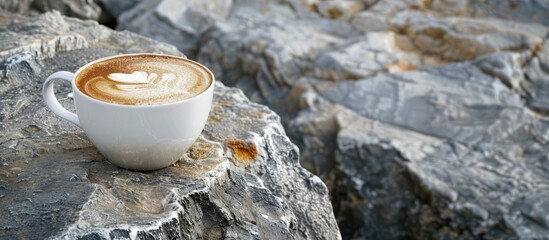 Aufkleber - A hot latte coffee in a white cup on a stone table with a rock background providing copy space image