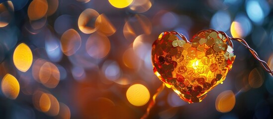 Poster - Heart shaped yellow gold on black background with colorful lighting bokeh ideal for evening decorations featuring blurred Valentine s theme a soft romantic copy space image