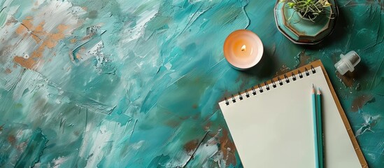 Poster - Top down view on a turquoise textured background with blank notepaper wax pencils and a candle offering ample space for text