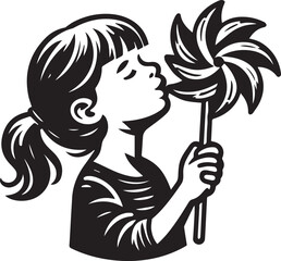 girl blowing pinwheel Vector Ilustration Silhouette